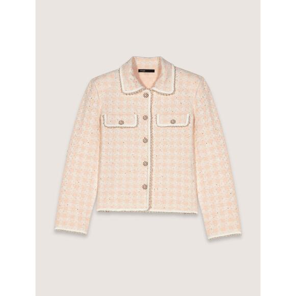 Aje Tweed Effect Knit Button Fastening Jacket - US XS / FR 0 Pink/Ecru - Picture 1 of 6